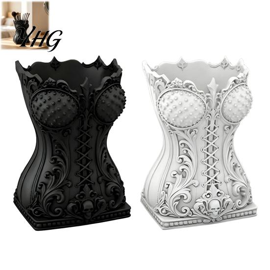 Black And White Decor Gothic Makeup Brush Storage Tube, Retro Skull Desktop Organizer, Vintage Style Case Decorative Plastic Holder for Dressing Table