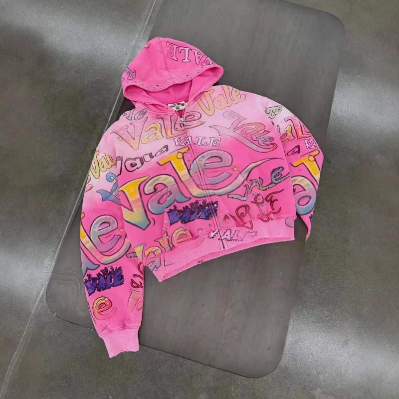 2026 Womens Loose Fit Zip Hoodie American Graffiti Print Casual Sweatshirt Teens