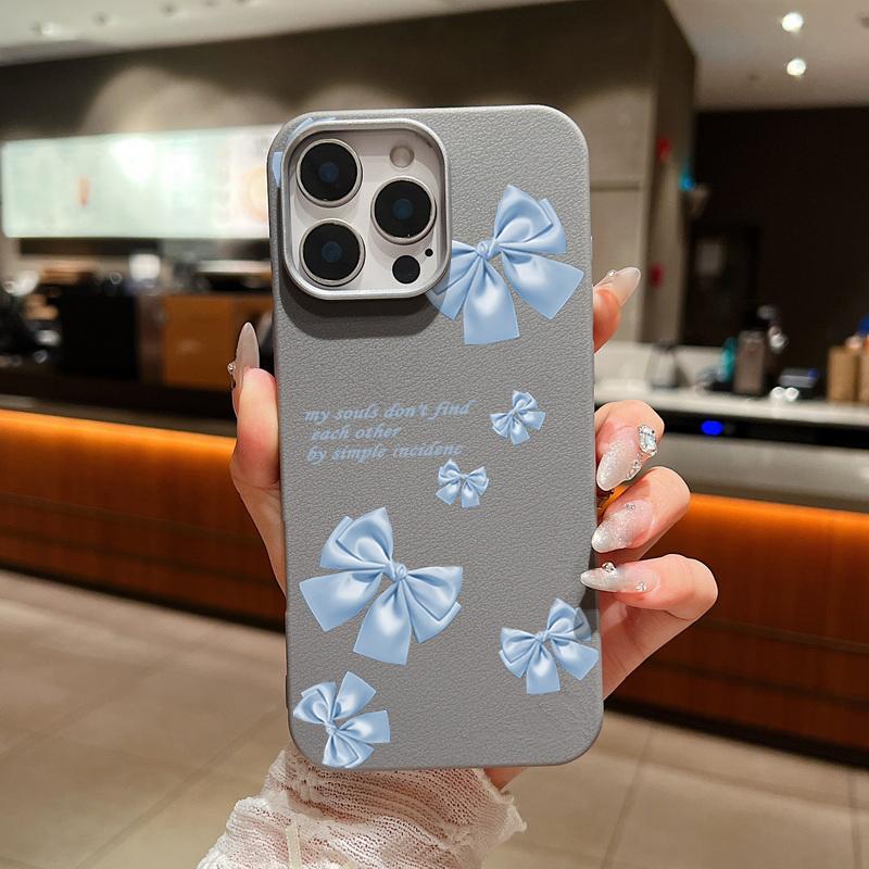 Однотонный чехол для телефона с бантом и узором для iPhone 16 Pro 15 14 Plus 13 12 Pro Max 11, противоударный кожаный текстурный мягкий тонкий матовый чехол из ТПУ