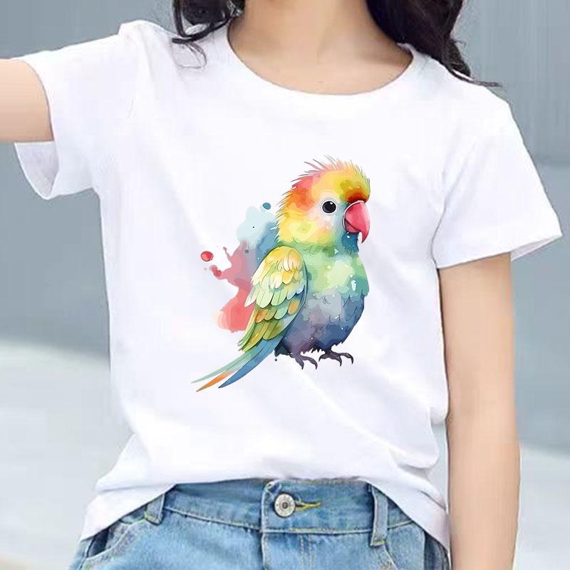 Bright Watercolor Rainbow Parrot Graphic Tee Kids Pure Cotton Crew Neck Print T Shirt Short Sleeve Muticolor Tops Boys Girls