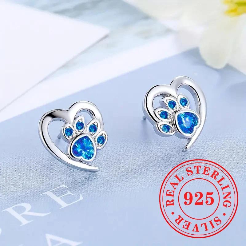 Sweet Shiny White CZ Heart Pierced Earrings for Girls Sterling Silver Cute Pet Paw Prints Jewelry Daily Party Jewelry