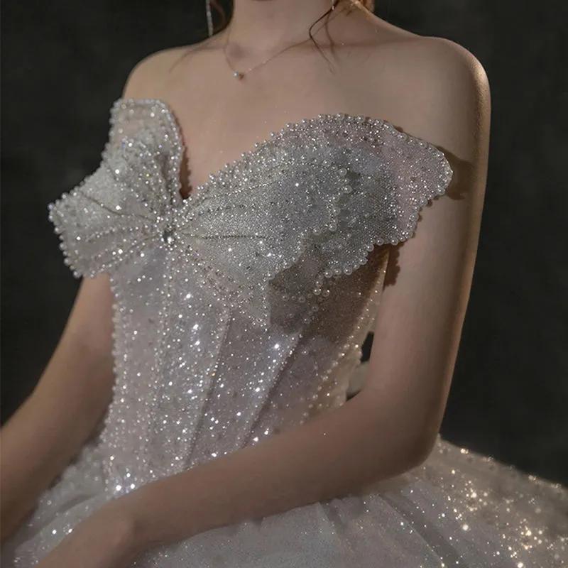 Французский бант Свадебное платье без бретелек - Сверкающее роскошное свадебное платье, Принцесса бальное платье из блестящего тюля с корсетом