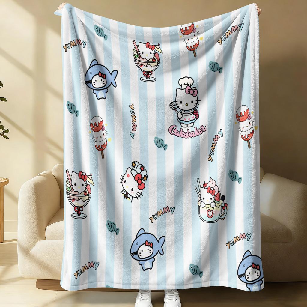 Sanrio Lovely Hello Kitty Plush Flannel Blanket Blue & White Stripe Lightweight Throw Bed Sofa Cover School Office Nap Shawl