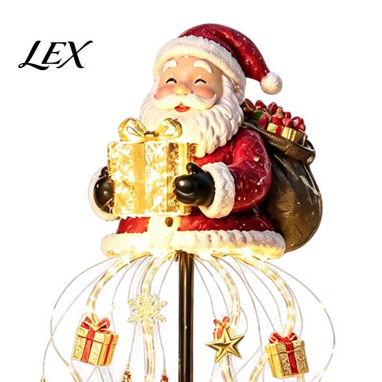 Decorative Solar Pathway Lighting Santa Claus Christmas Garden Light, LED Holding Gift Box Yard Stake Festive Display for with Cascading String Lights