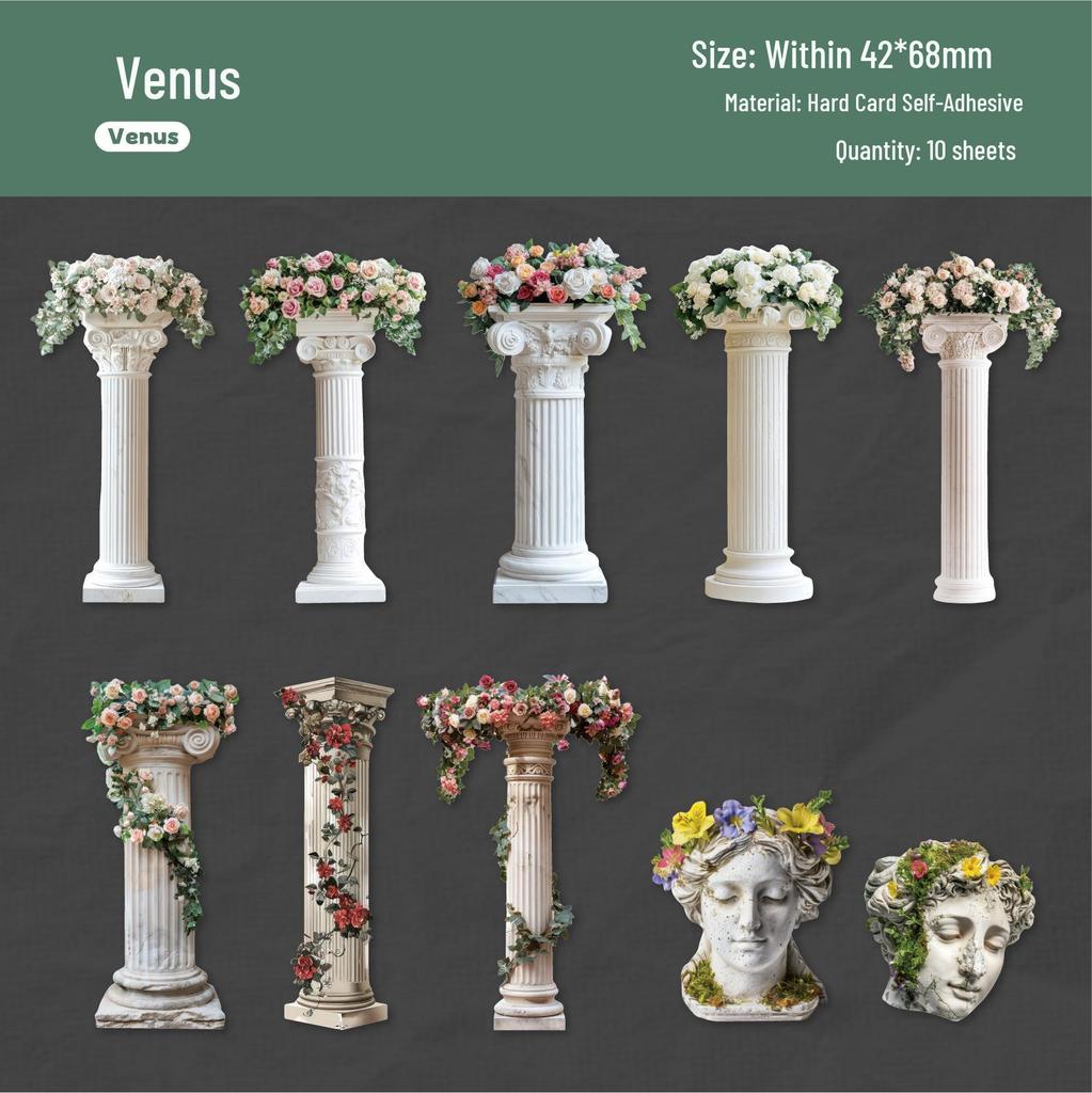Наклейки RetroStory Venus Journal – 10 листов, 6 стилей, Серия «Римская колонна», Европейский ретро-дизайн