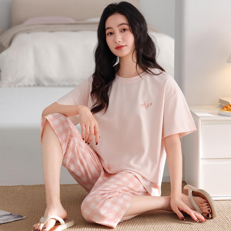 Pajamas women's summer new modal cool cotton short-sleeved cropped pants set ice silk thin can be worn outside loungewear