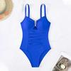 Women One-Piece Swimsuit Deep V-Neck Pleated Solid Color Monokini Quick-Drying Swimwear Beachwear