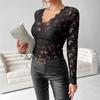 V-neck Fan-shaped Collar Single-layer Solid Color Lace Long Sleeved T-shirt Slim Fit Slimming Top for Women T-Shirts Women’s