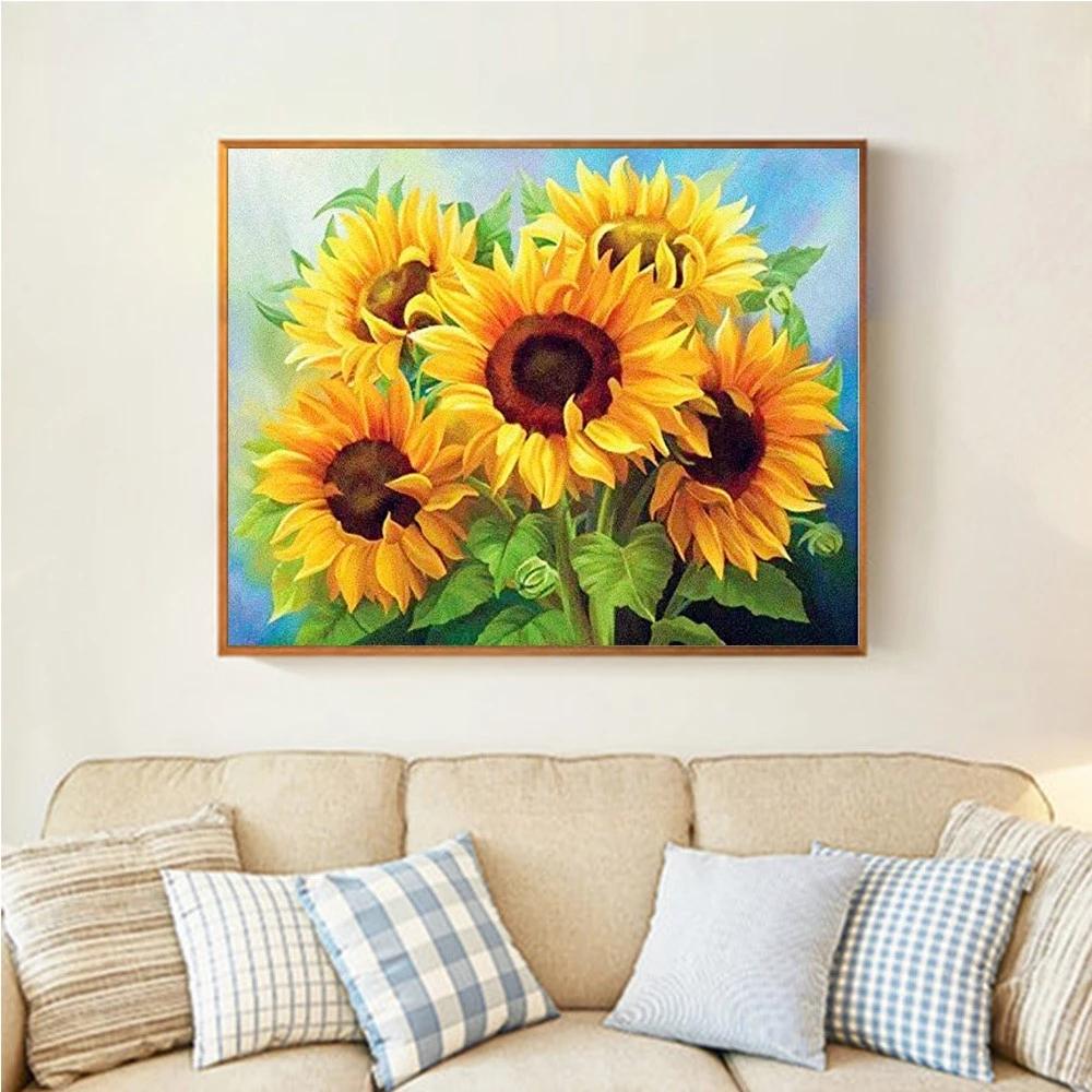Huacan Diamond Painting Sunflower Diamond Embroidery Flower Cross Stitch Kit Rhinestones Mosaic Home Decor Wall Stickers