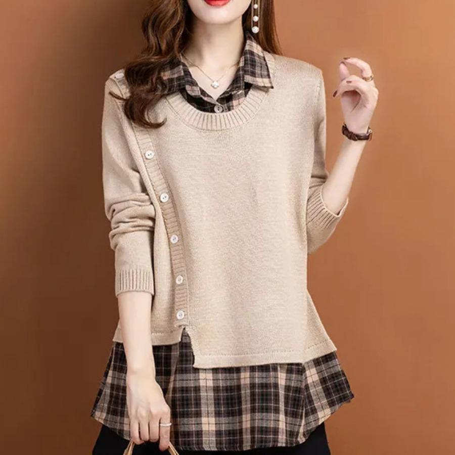 Fake Two Piece Women's Pullover Tops Solid Lapel Long Sleeve Shirt Knitted Sweater Fashion Buttons Loose Base Sweater