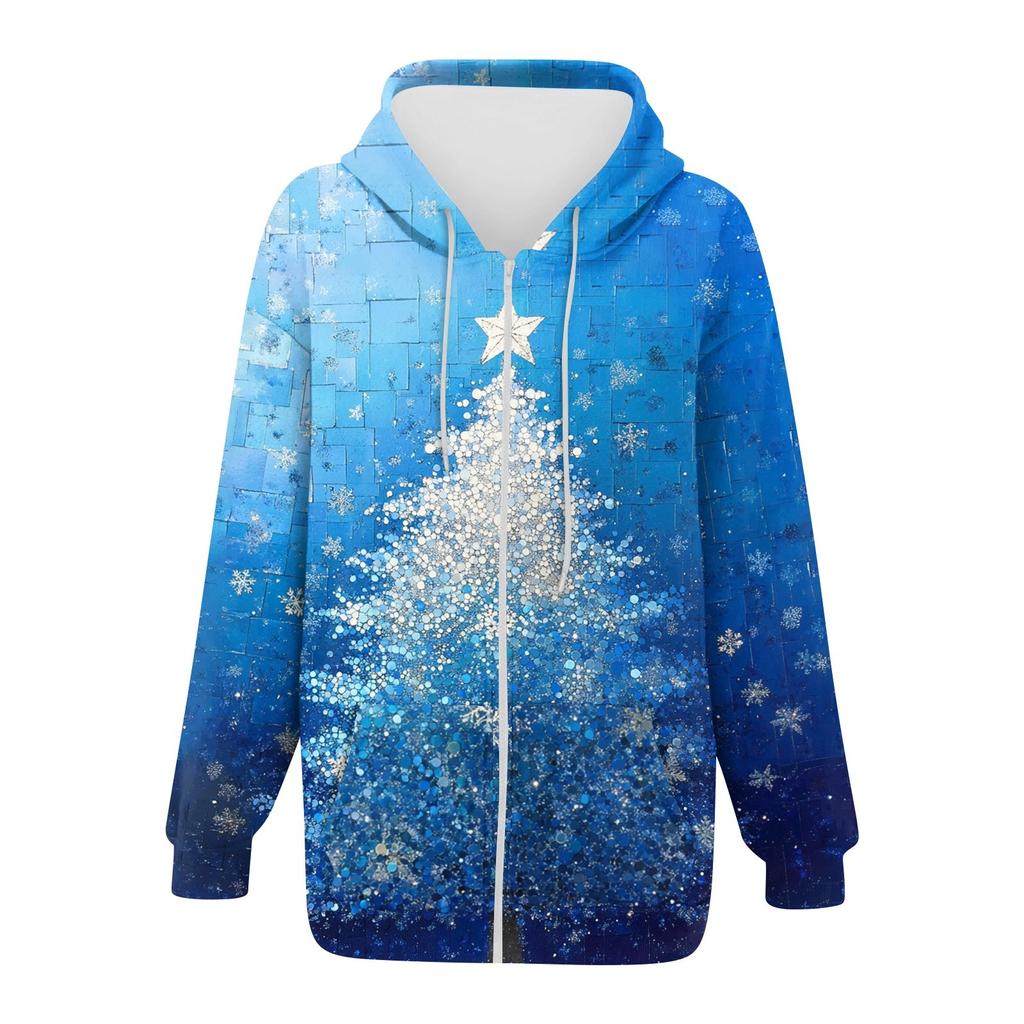 Женская мода повседневная рождественская принтовая толстовка зимняя с длинным рукавом кардиган куртка с карманом на молнии толстовка с капюшоном куртка