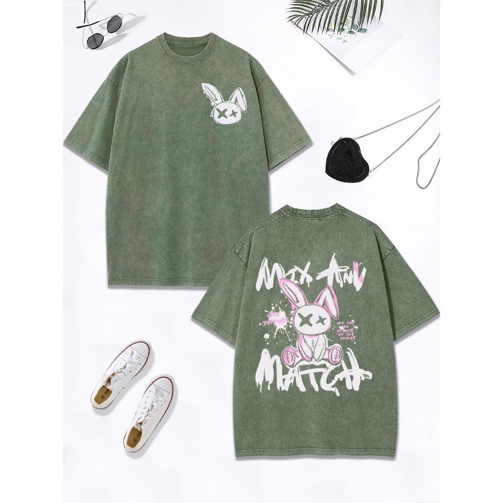 Мультяшный кролик спичка граффити текстовые принты выстиранная футболка женская хлопок оверсайз топы круглый вырез состаренная футболка одежда
