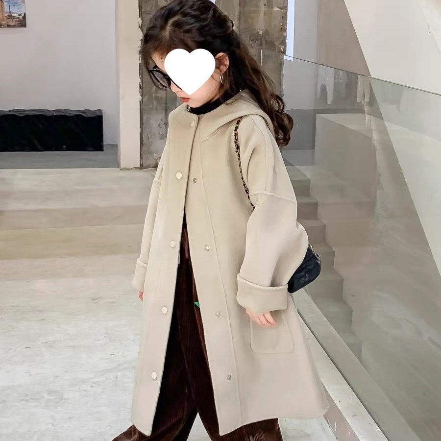 Пальто из шерсти и кашемира для девочек в корейском стиле - Толстое, средней длины, Модное