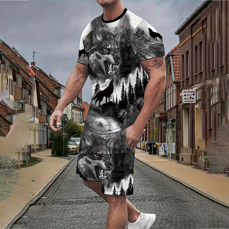 Мужской костюм, летний повседневный дышащий освежающий костюм с принтом 3D волка, свободный мужской топ, модный, короткие рукава