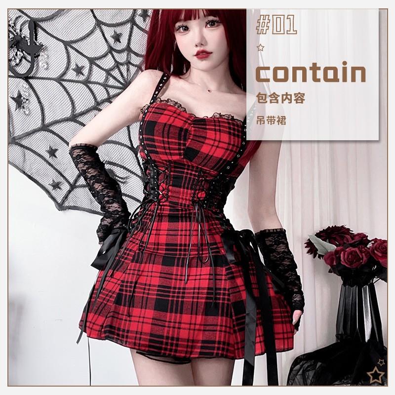 Dark Gothic Lace Y2K Plaid Lolita Dress Stage Performance Sexy Streetwear Mini Cami
