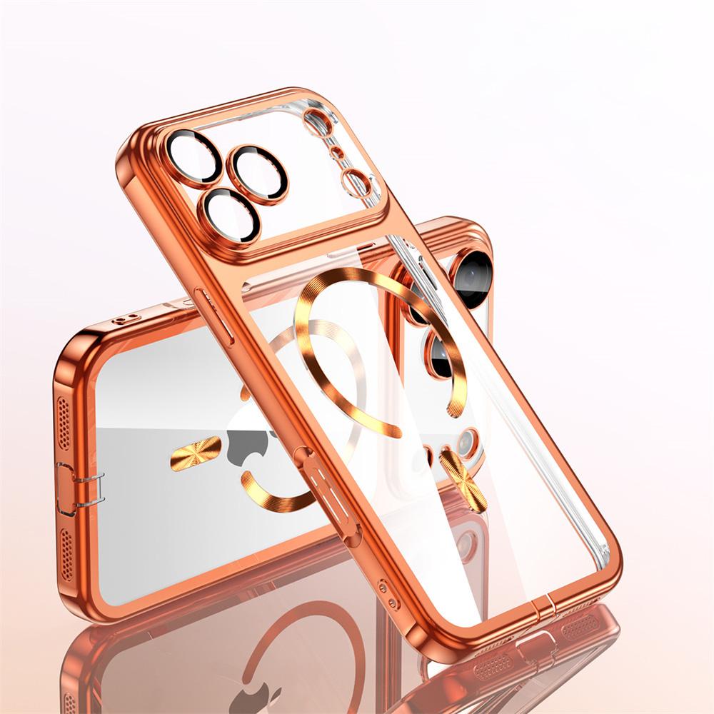For Magsafe Metallic Color Plating Transparent Phone Case For 15 16 17 Pro Max Lens Protector Cover With Type-C Dust Plug