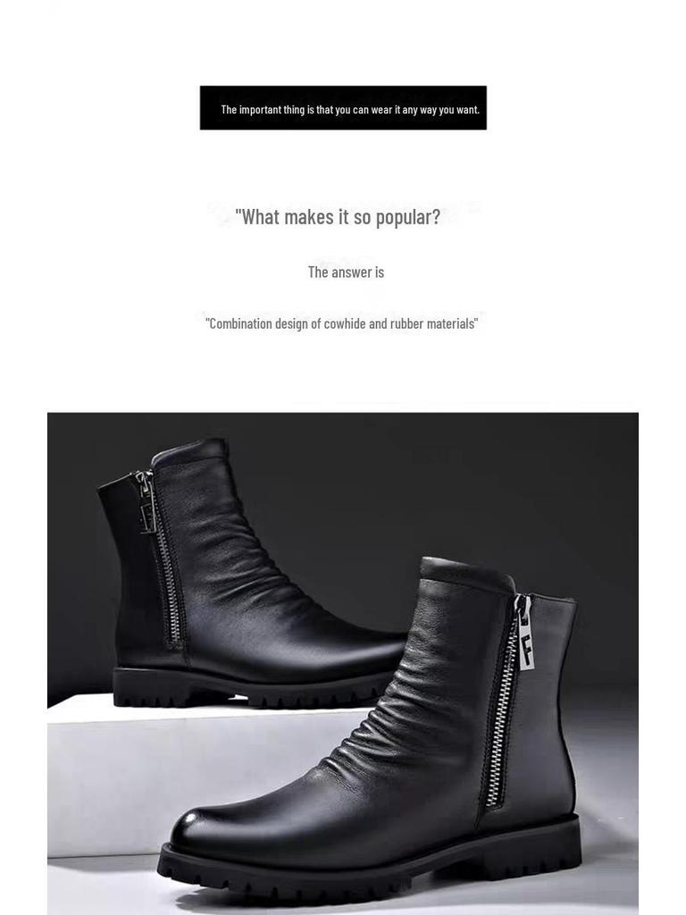 Мужские зимние высокие ботинки Martin - мягкая воловья кожа, удобные, модная молния, подкладка из шерстяного бархата