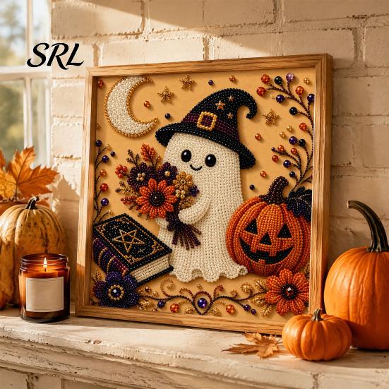 Autumn Home Decor Ghost Faux Pearl Art Kit, Halloween Pumpkin Painting DIY Decorative Canvas Projects 3D Spooky Skull Craft Kit for Adults Beginners,