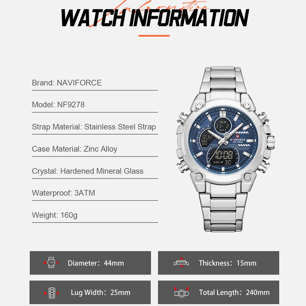 Naviforce Мужские часы с двойным временем Кварцевый механизм Цифровой ЖК-дисплей Хронограф Светящиеся стрелки Ремешок из нержавеющей стали Водонепроницаемые мужские часы NF9278