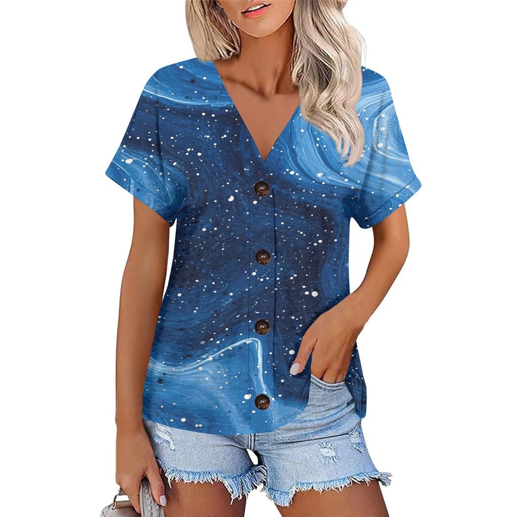 Женская мода с короткими рукавами и V-образным вырезом, повседневная футболка с пуговицами