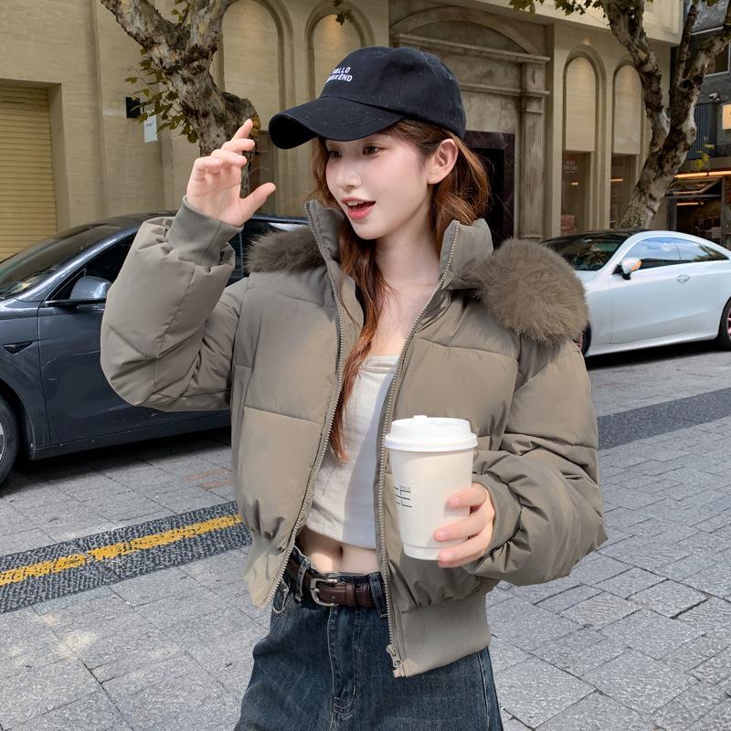 Women's Short Large Fur Collar Hooded Warm Cotton-padded Jacket