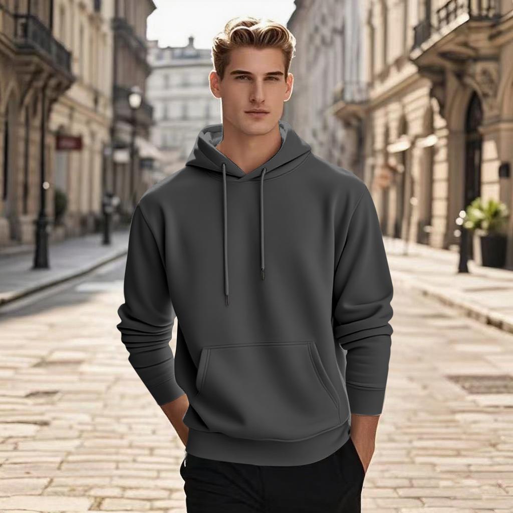 Men's Pullover Hooded Sweatshirt Solid Color Round Neck Loose Hoodie Long Sleeve Top