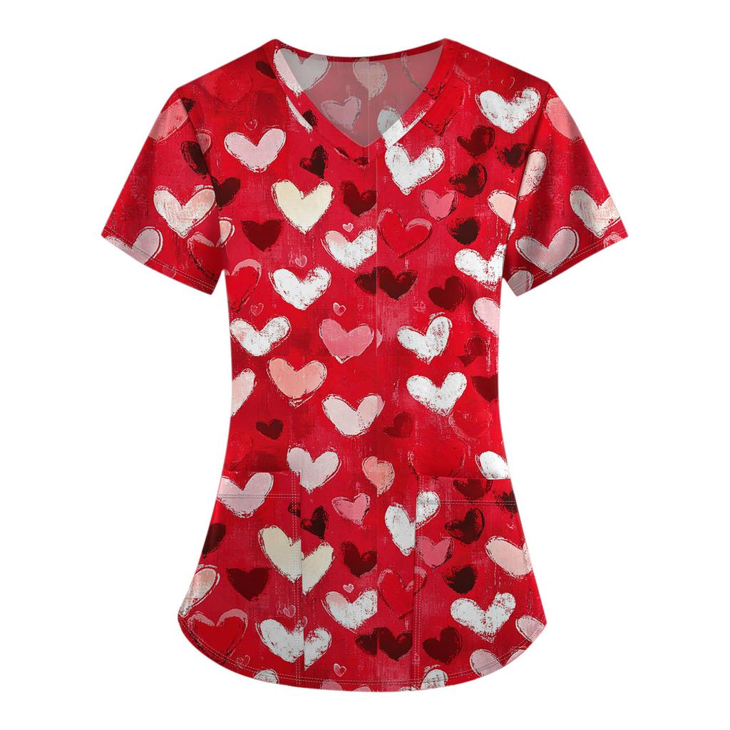 Женский модный комбинезон с коротким рукавом и V-образным вырезом, с карманом, на День святого Валентина, с принтом, топы, одежда