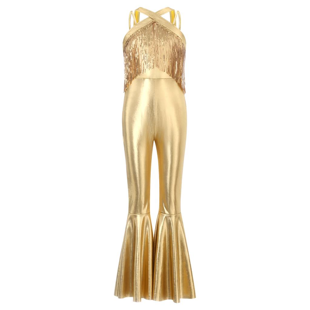 Kids Metallic Disco Dance Bodysuit: Sleeveless Sequins Tassels Jumpsuit with Back Invisible Zipper & Flared Pants