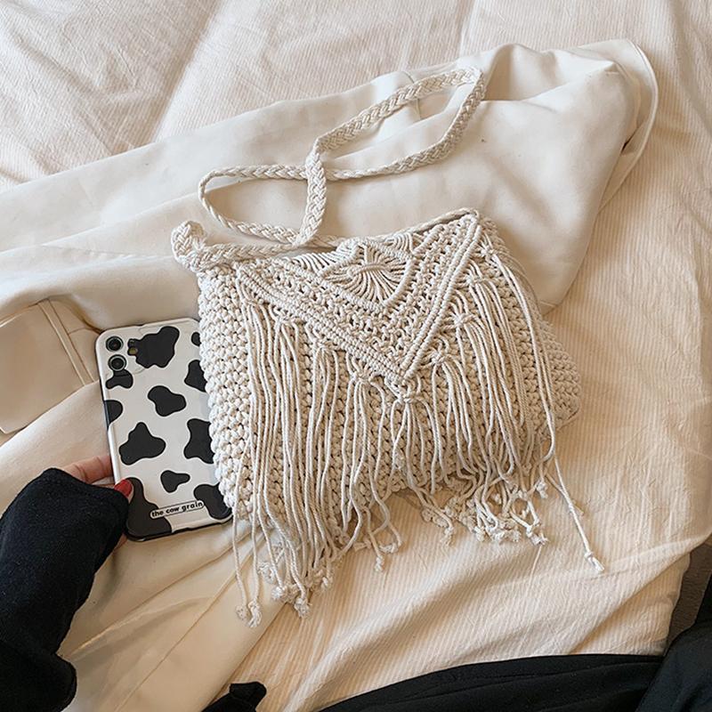 Fashion Casual Cotton Bag Hollow Tassel Beach Bag Flap Hand Woven Bag Cotton Rope Shoulder Crossbody Bag For Women