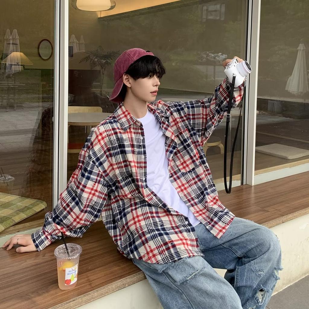 2024 Клетчатая рубашка с длинным рукавом в японском стиле Гонконга Ins Свободная рубашка для мальчиков Летнее модное универсальное повседневное пальто