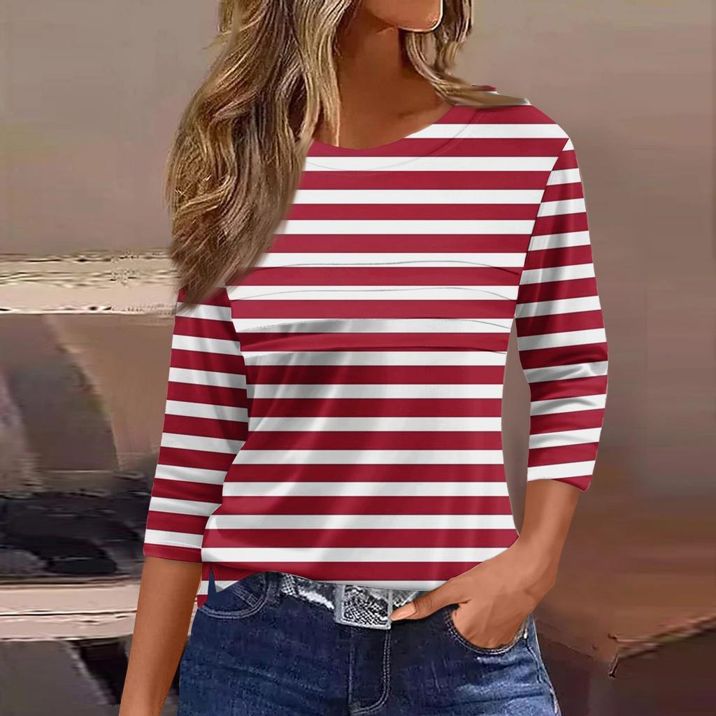 Женская мода повседневный свободный топ с рукавом 3/4 в полоску с круглым вырезом