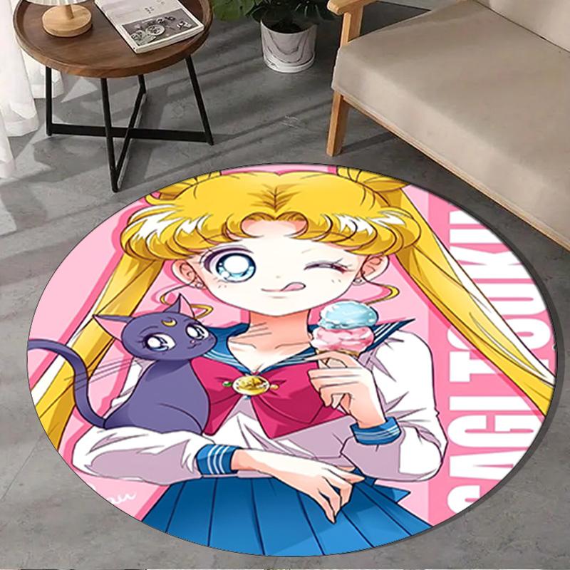 1PC Pink Moon Puella Magi Round Rug, Non-slip Chair Mat, Home Decor, Circle Carpet Perfect for Office, Bedroom, Living Room,Christmas gift