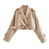 Women's Khaki Cropped Lapel Collar Trench Long Sleeves With Belt Double-breasted Jacket High Street Casual Loose Coats