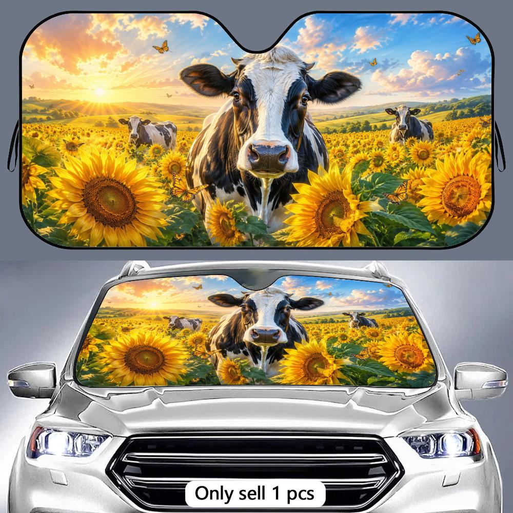 Cow Sunflower Cute Farm Sun Visor Reusable Double-Sided Windshield Sun Visor UV Block Portable Heat Shield Cover