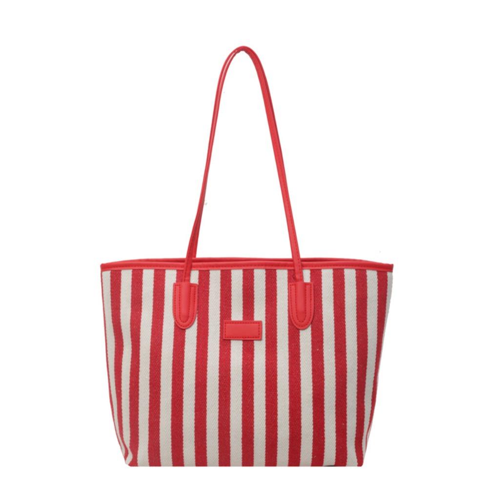 Zipper Shoulder Bag Korean Style Shopping Handbag Casual Stripe Canvas Tote Bag  Girls