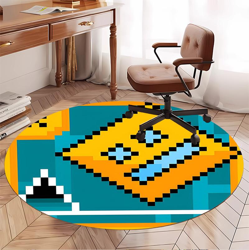 Geometry Dash Pattern Round Rug, Indoor/Outdoor Mat, for Picnic, Gameroom, Bedroom, Office, Living Room, Home Decor Carpet, Birthday Gift