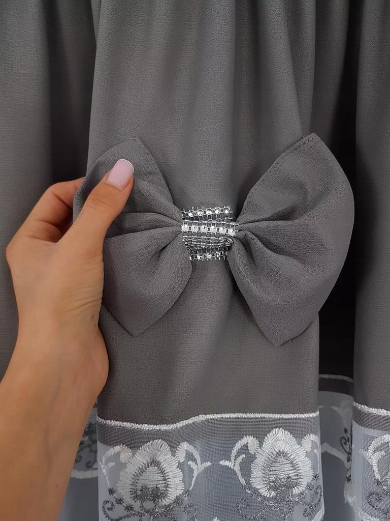Ready-made curtain 400x160 cm with gray bows and embroidery