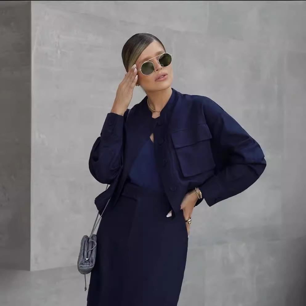 2024 Осень Европейский и американский однотонный приталенный короткий жакет и повседневное длинное платье комплект из двух предметов для женщин