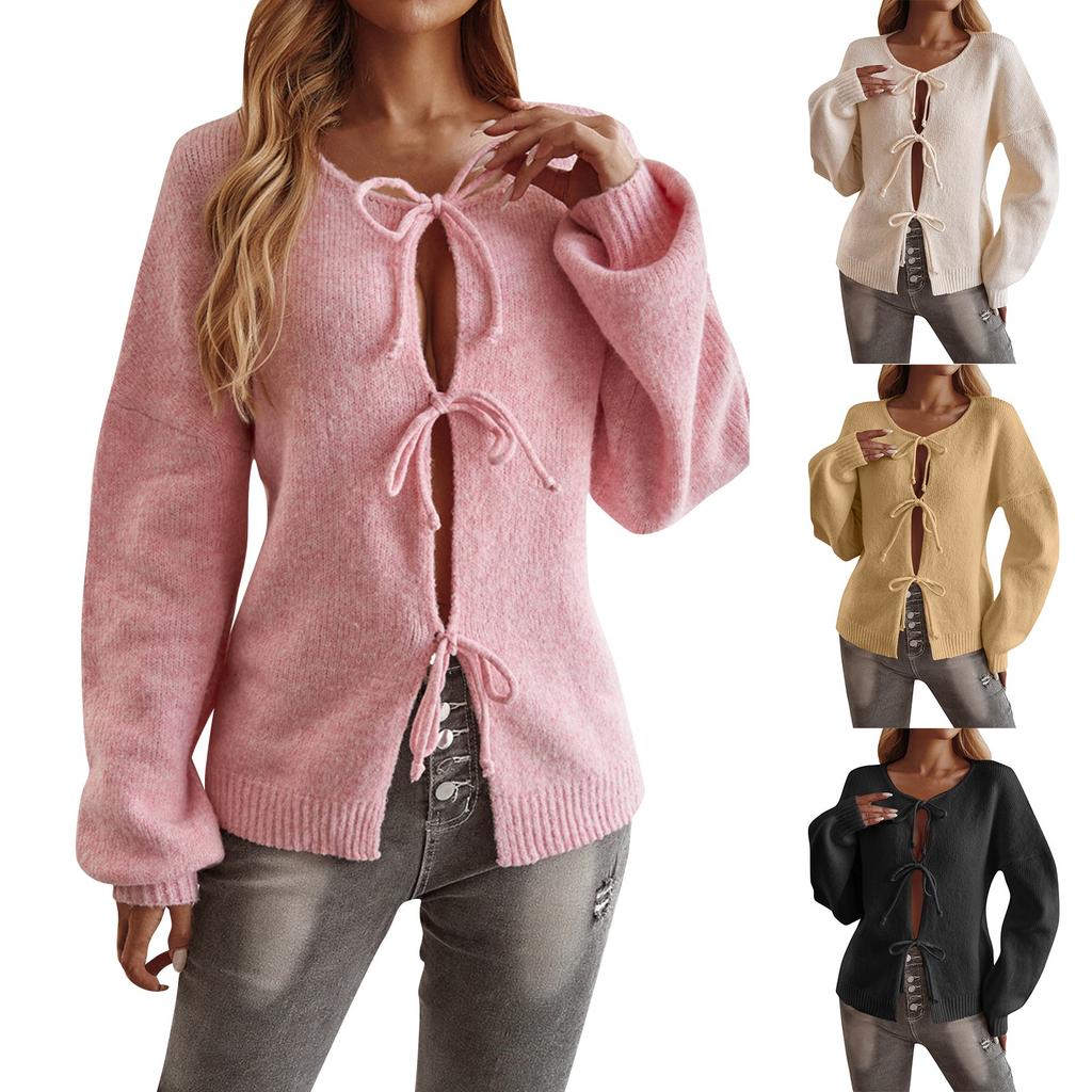Women's Casual Loose Cardigan Lace-up Solid Color Sweater