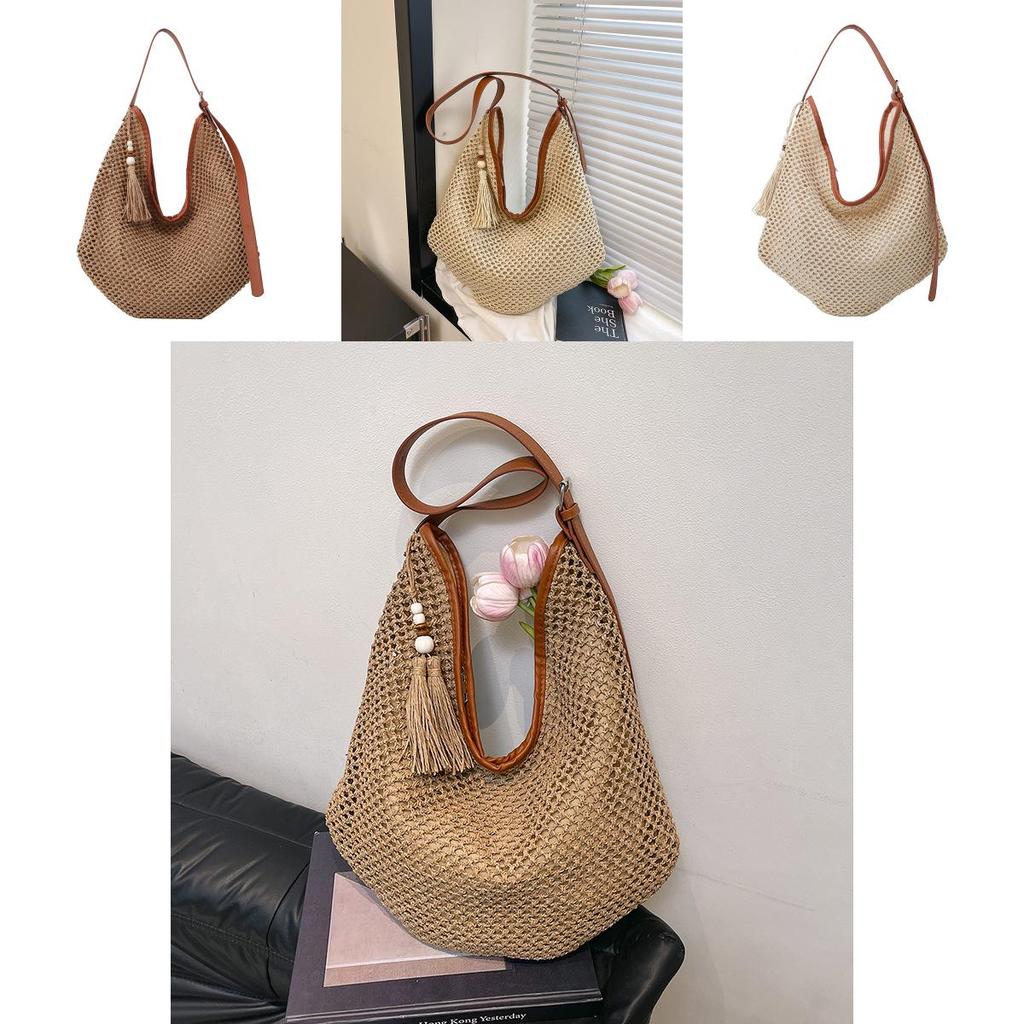 Large Capacity Woven Shoulder Bag With Polyester Lining For Summer Style