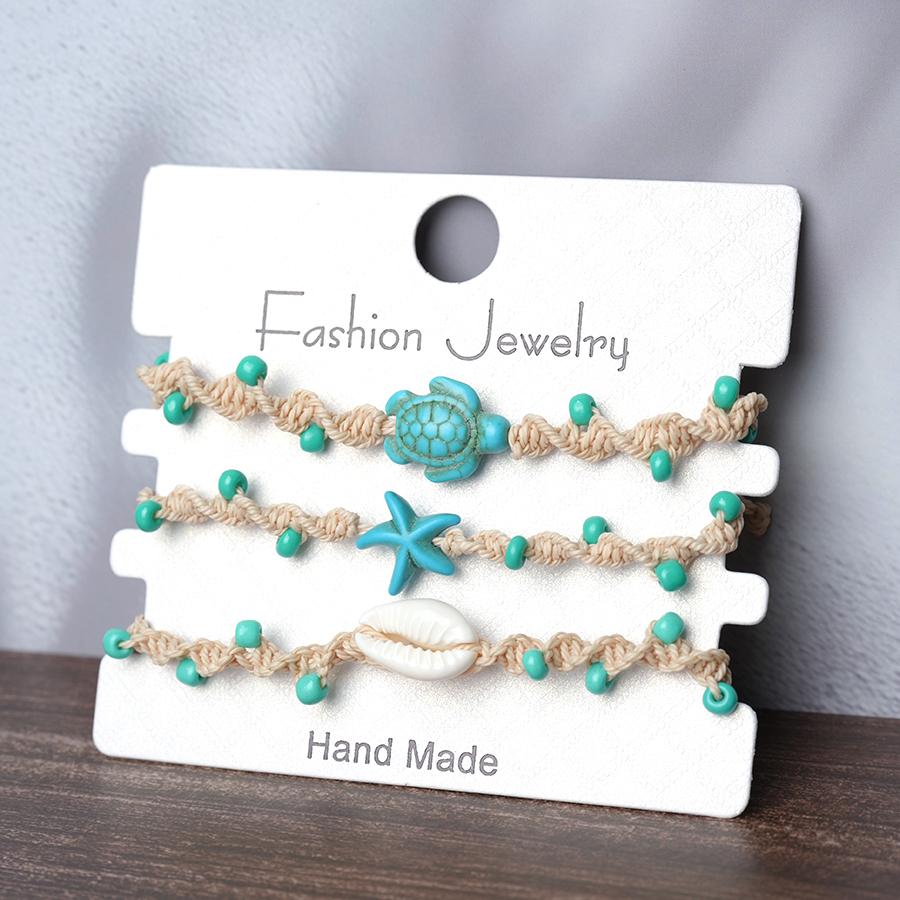 Noter 3Pcs Ladies Sea Creature Charm Bracelet Set Handmade Braided Starfish Shell Turtle Braslet Summer Beach Vacation Jewelry