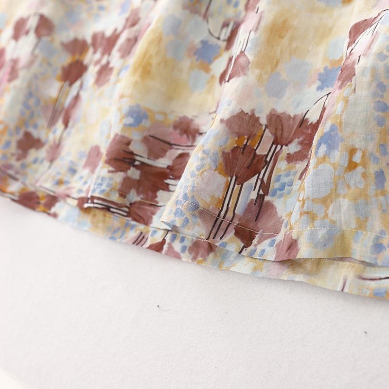 2025 весна и лето новый продукт круглый вырез короткий рукав с принтом хлопково-льняное платье женское зарубежный стиль мелкий цветочный миди и длинная юбка