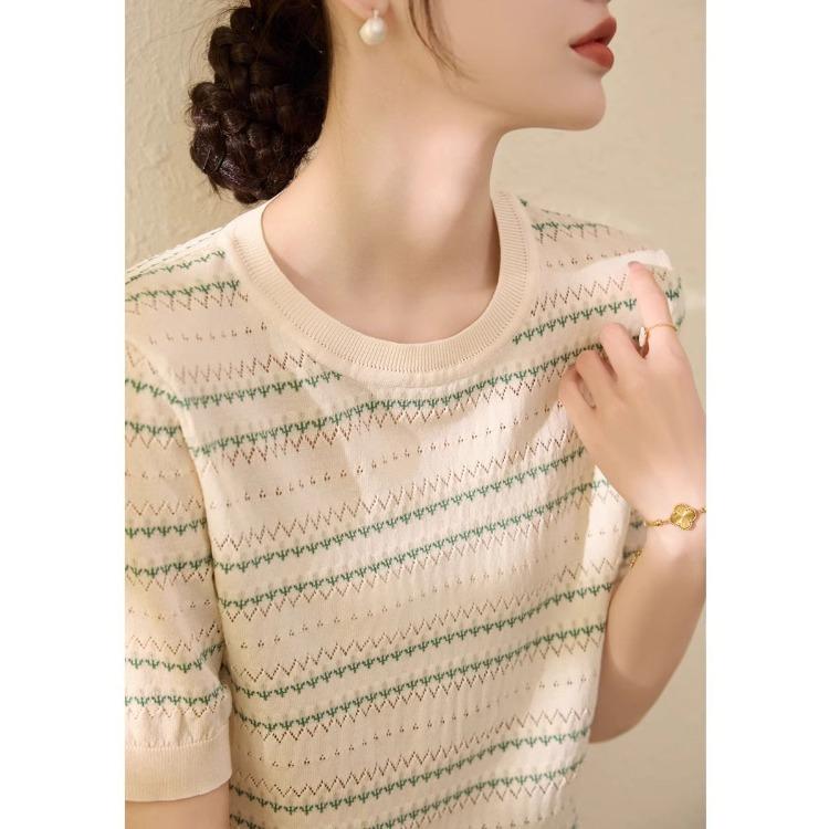 Полые полосатые Ice Silk короткие рукава трикотажная женская футболка летний новый универсальный круглый вырез горловины