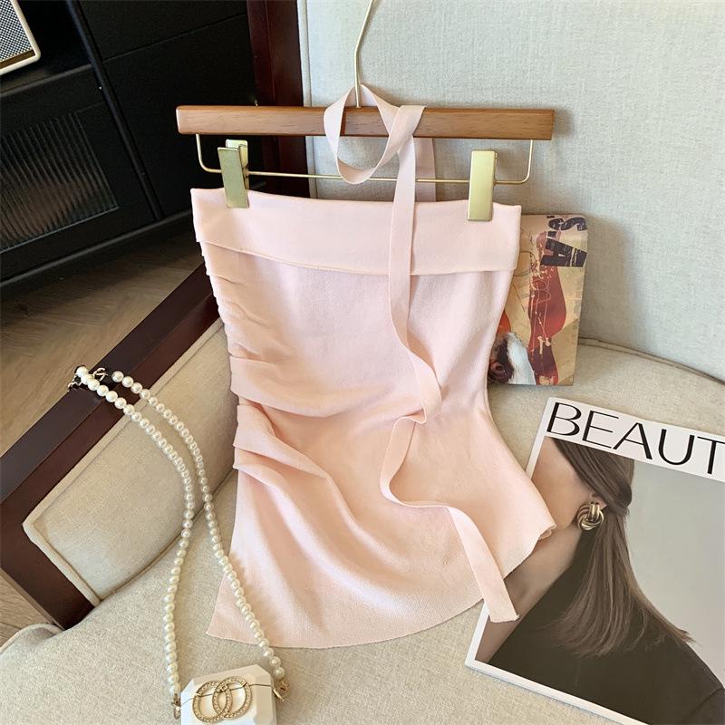 French Off-Shoulder Camisole: Summer Women's Pleated Top with Irregular Slits and Elegant Back Design