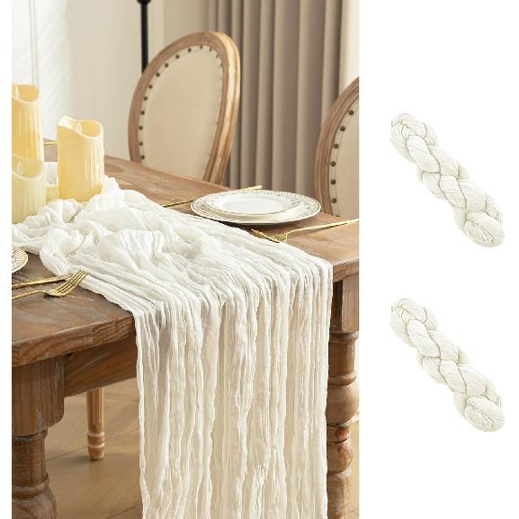 Baccessor 2 Pack Beige Cheesecloth Table Runner 35x120 Inch, 10ft Ivory Gauze Table Runner, Boho Rustic Sheer Cheese Cloths Runner for Wedding Baby