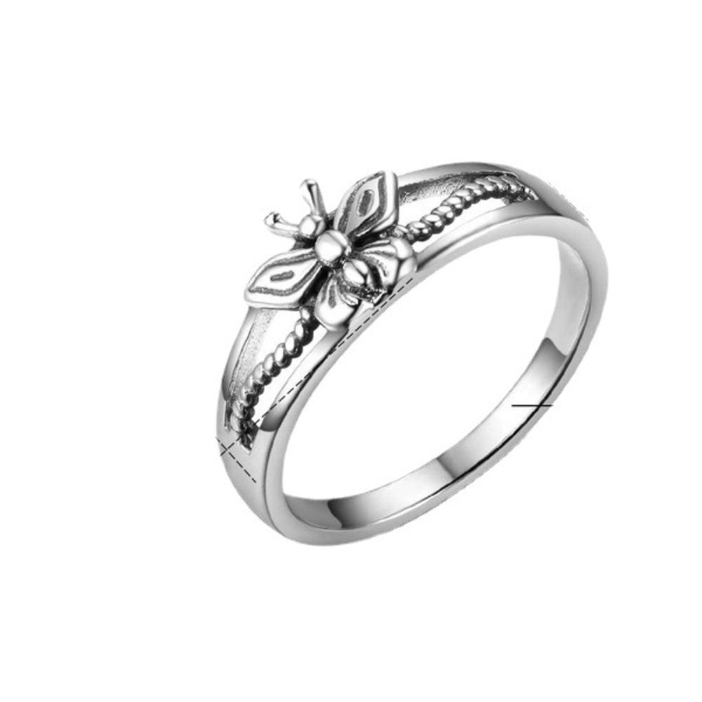 S925 Silver Plated Butterfly Ring for Women Lightweight Drip Oil Black Engagement Ring European Style