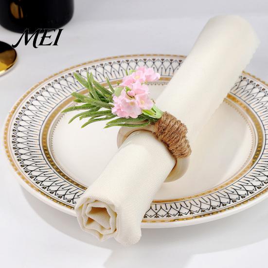 Rustic Table Decor Artificial Rosemary Napkin Ring, Farmhouse Wooden Ring Holder, Faux Boho Dining Accessories Flower for Wedding Bridal Shower