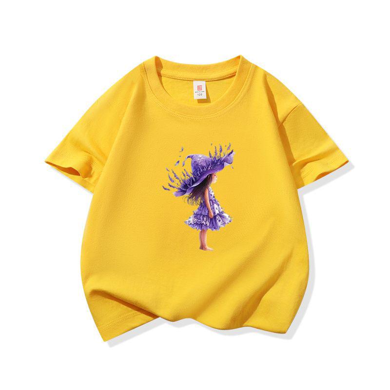 Kids Cotton T Shirt Purple Lavender Girl Print Crew Neck Short Sleeve Tee Casual Breathable Boys Girls Summer Tops