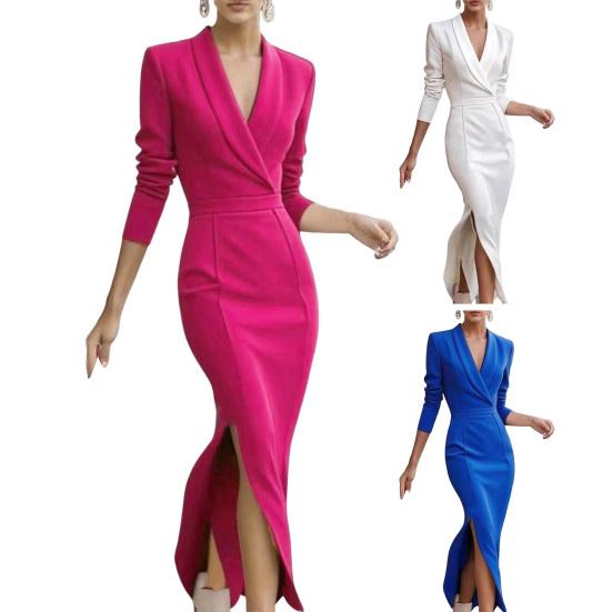 Женское миди платье-футляр бодикон с лацканами, V-образным вырезом и рукавами 3/4, офисное деловое платье, формальное коктейльное платье для работы с разрезом, платье-карандаш