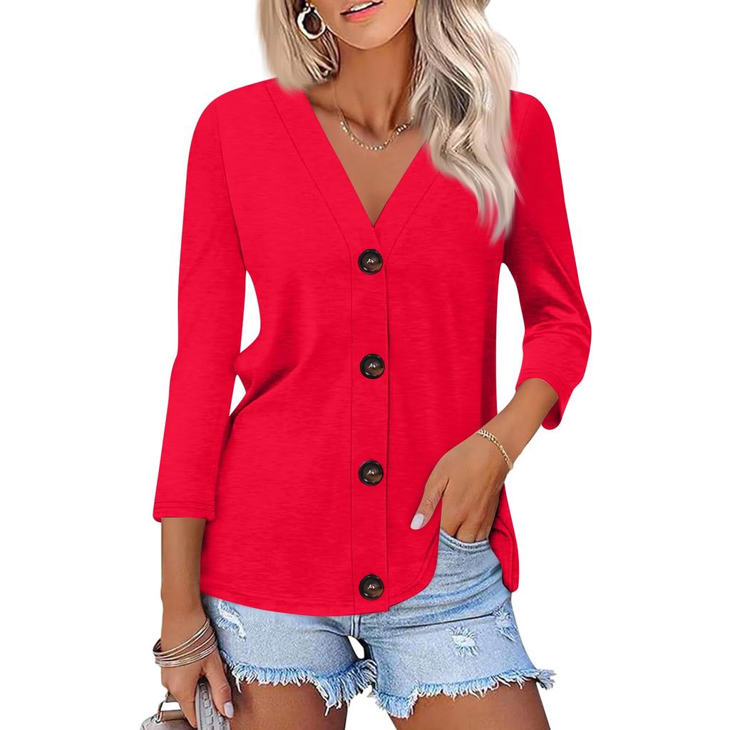 Women's Fashion Casual Print Button-down Shirt 3/4 Long Sleeve Tops
